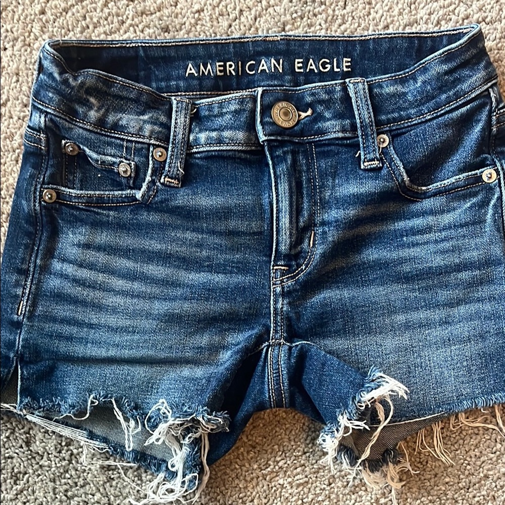 American Eagle Outfitters Blue Jean Shorts Distressed Hem, Size 000. Like new!